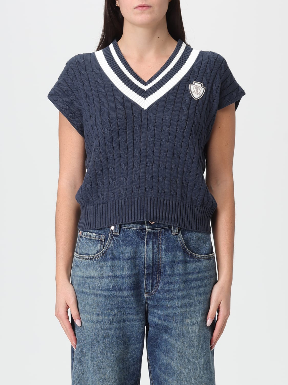 BRUNELLO CUCINELLI WAISTCOAT: Brunello Cucinelli cotton sweater vest with emblem, Blue - Img 1