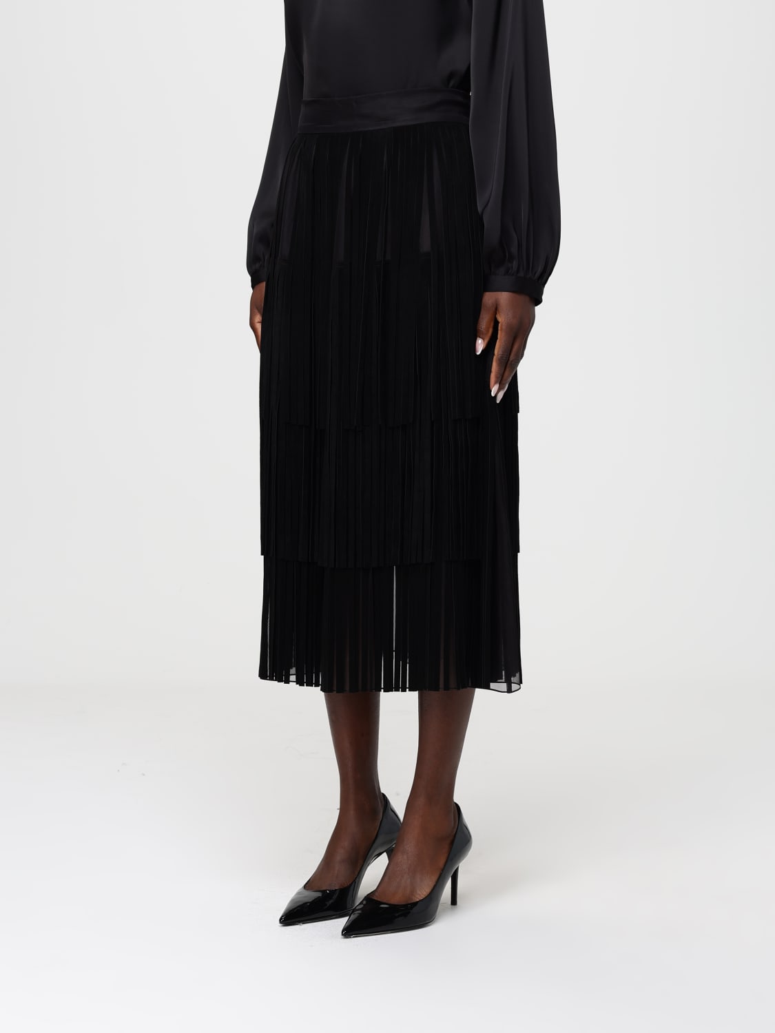 DOLCE & GABBANA GONNA: Gonna midi Dolce & Gabbana in seta con frange , Nero - Img 3