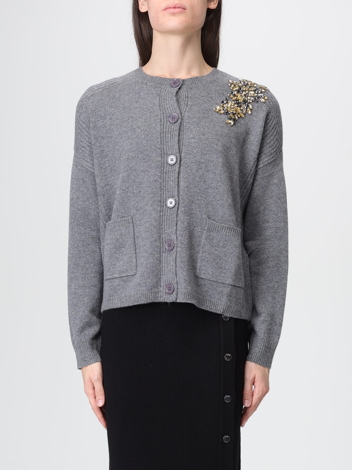 LIU JO MAGLIA: Cardigan di lana con strass Liu Jo, Grigio - Img 1