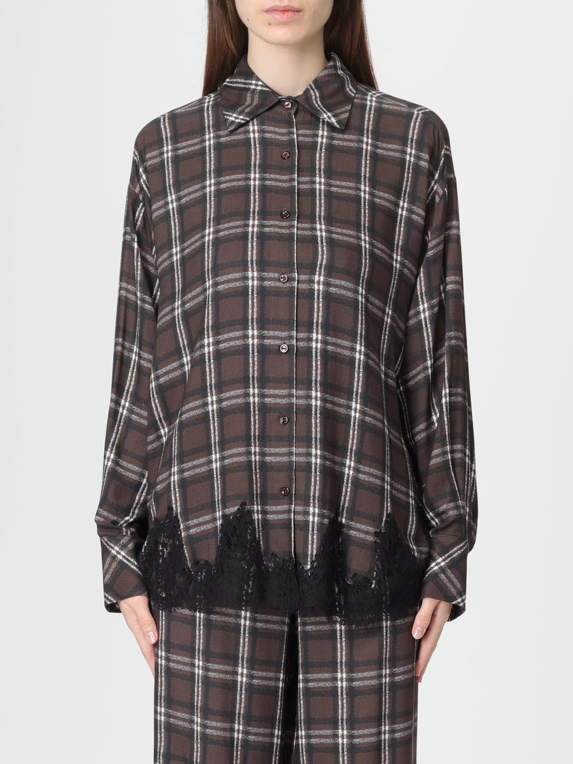 ERMANNO FIRENZE CAMICIA: Camicia Ermanno Firenze in viscosa check con inserti in pizzo , Marrone - Img 1