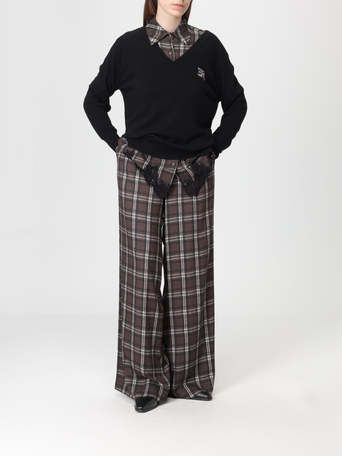 ERMANNO FIRENZE CAMICIA: Camicia Ermanno Firenze in viscosa check con inserti in pizzo , Marrone - Img 2