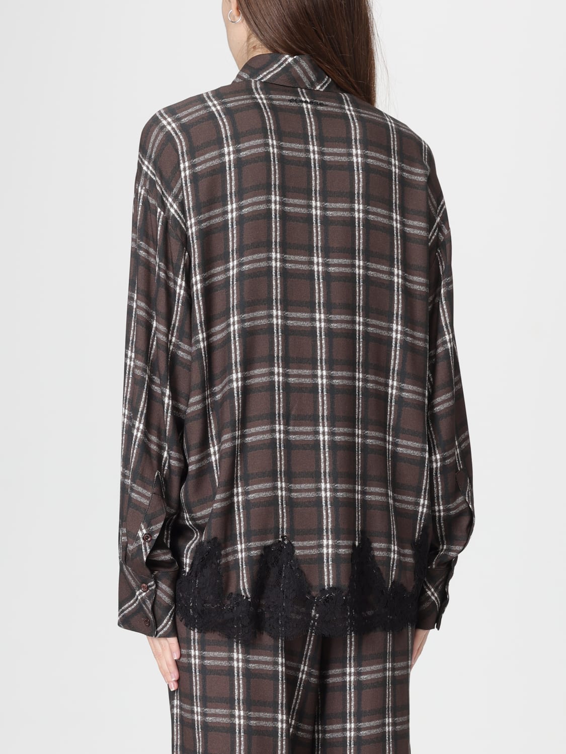 ERMANNO FIRENZE CAMICIA: Camicia Ermanno Firenze in viscosa check con inserti in pizzo , Marrone - Img 3