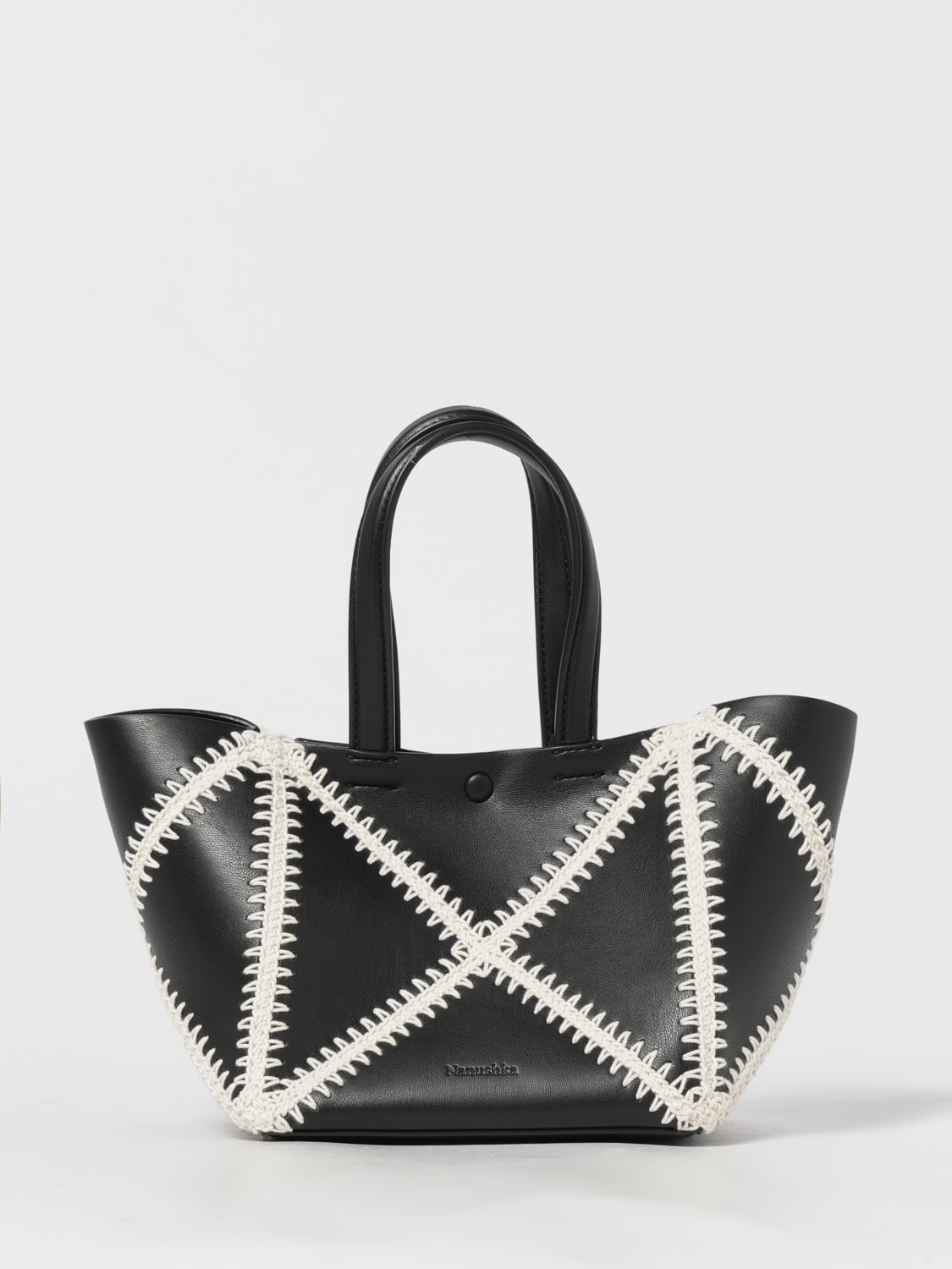 NANUSHKA BORSA MINI: Borsa Origami Mini Tote Nanushka in pelle sintetica con cuciture crochet, Nero - Img 1