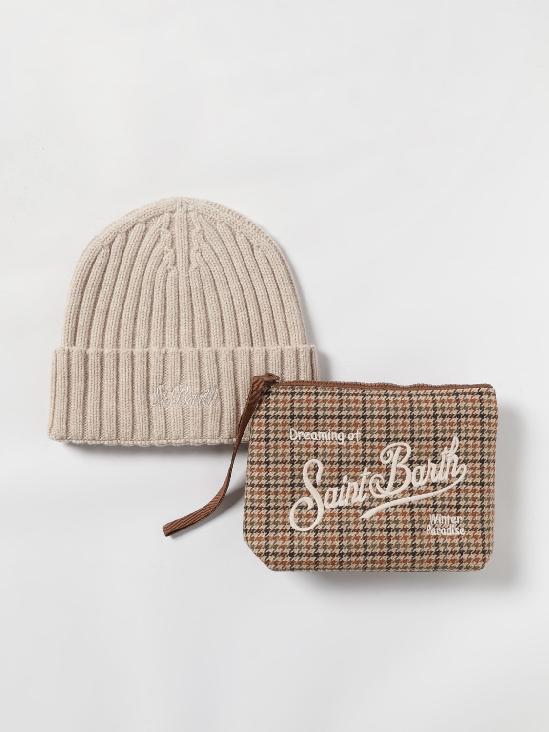 MC2 SAINT BARTH CAPPELLO: Set cappello + pochette Merry Saint Barth Christmas Mc2 Saint Barth in tessuto , Beige - Img 1