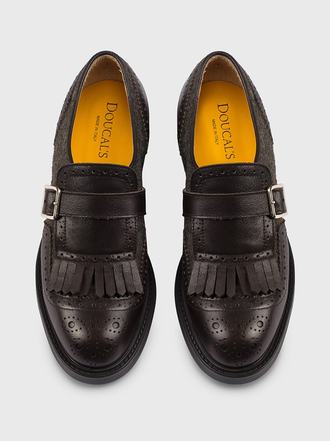 DOUCAL'S STRINGATE: Monk Strap Doucal's in pelle e lana con motivo brogue , Mogano - Img 3