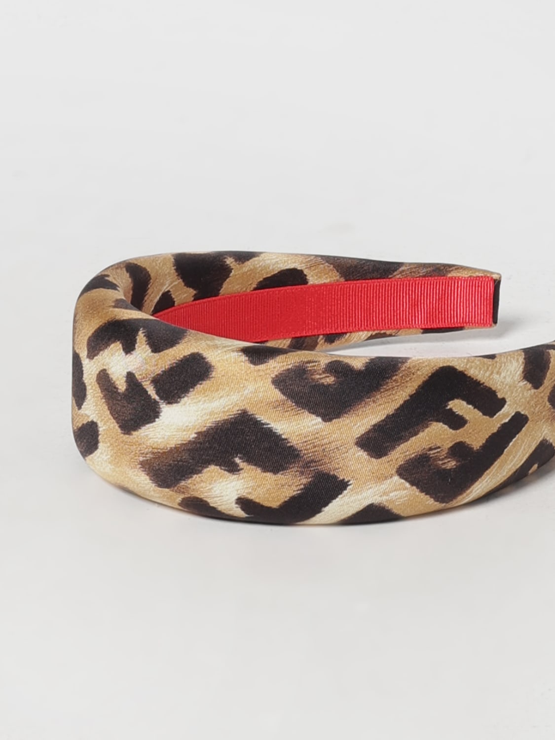 FENDI CERCHIETTO: Cerchietto Fendi in raso stampa animalier Fendi Leo, Marrone - Img 3