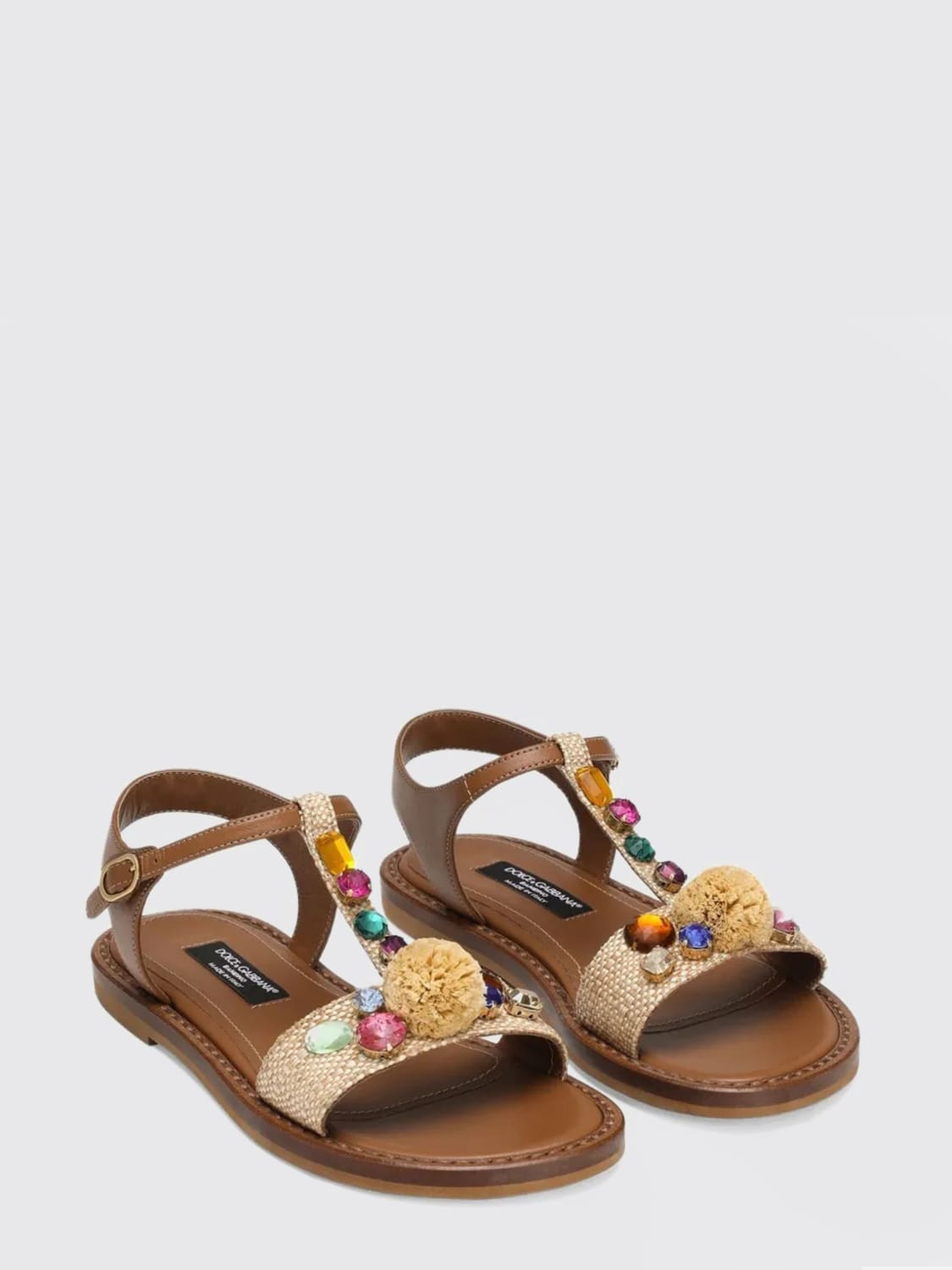 DOLCE & GABBANA SCARPE: Sandalo Dolce & Gabbana in rafia e pelle con applicazioni , Marrone - Img 2