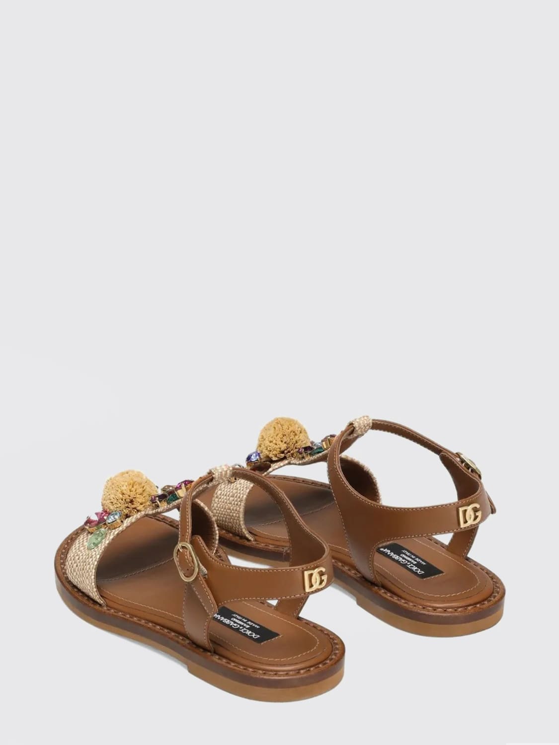 DOLCE & GABBANA SCARPE: Sandalo Dolce & Gabbana in rafia e pelle con applicazioni , Marrone - Img 3