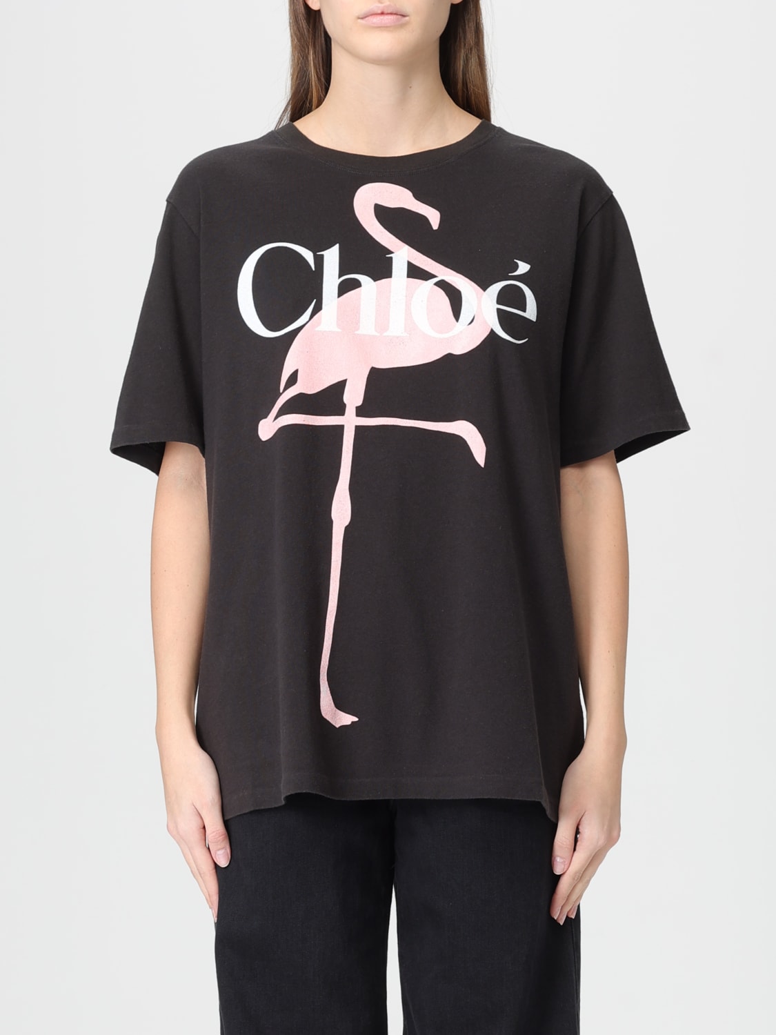 CHLOÉ T-SHIRTS: T-shirts in cotone con stampa Fenicottero Chloé, Nero - Img 1