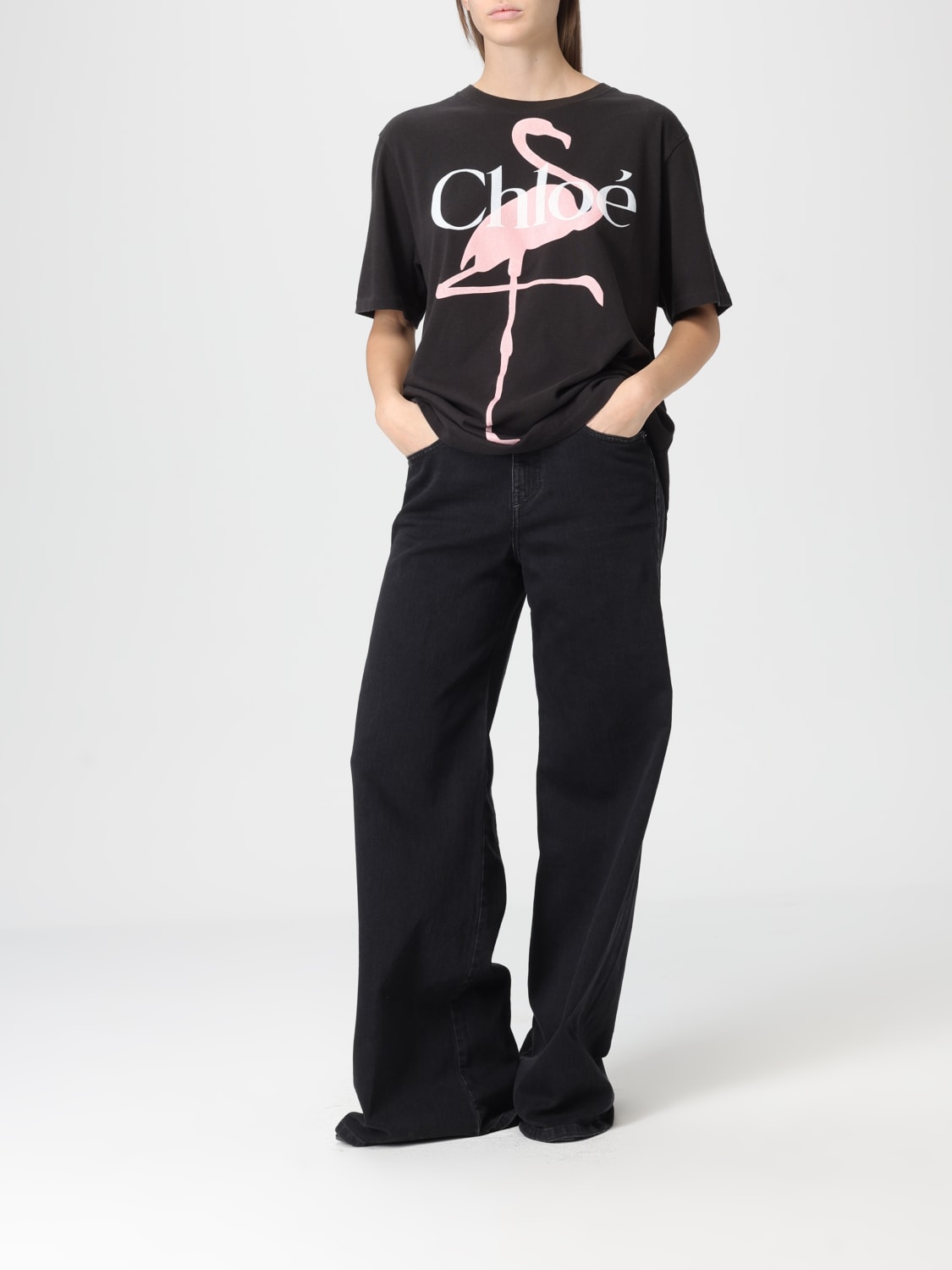 CHLOÉ T-SHIRTS: T-shirts in cotone con stampa Fenicottero Chloé, Nero - Img 2