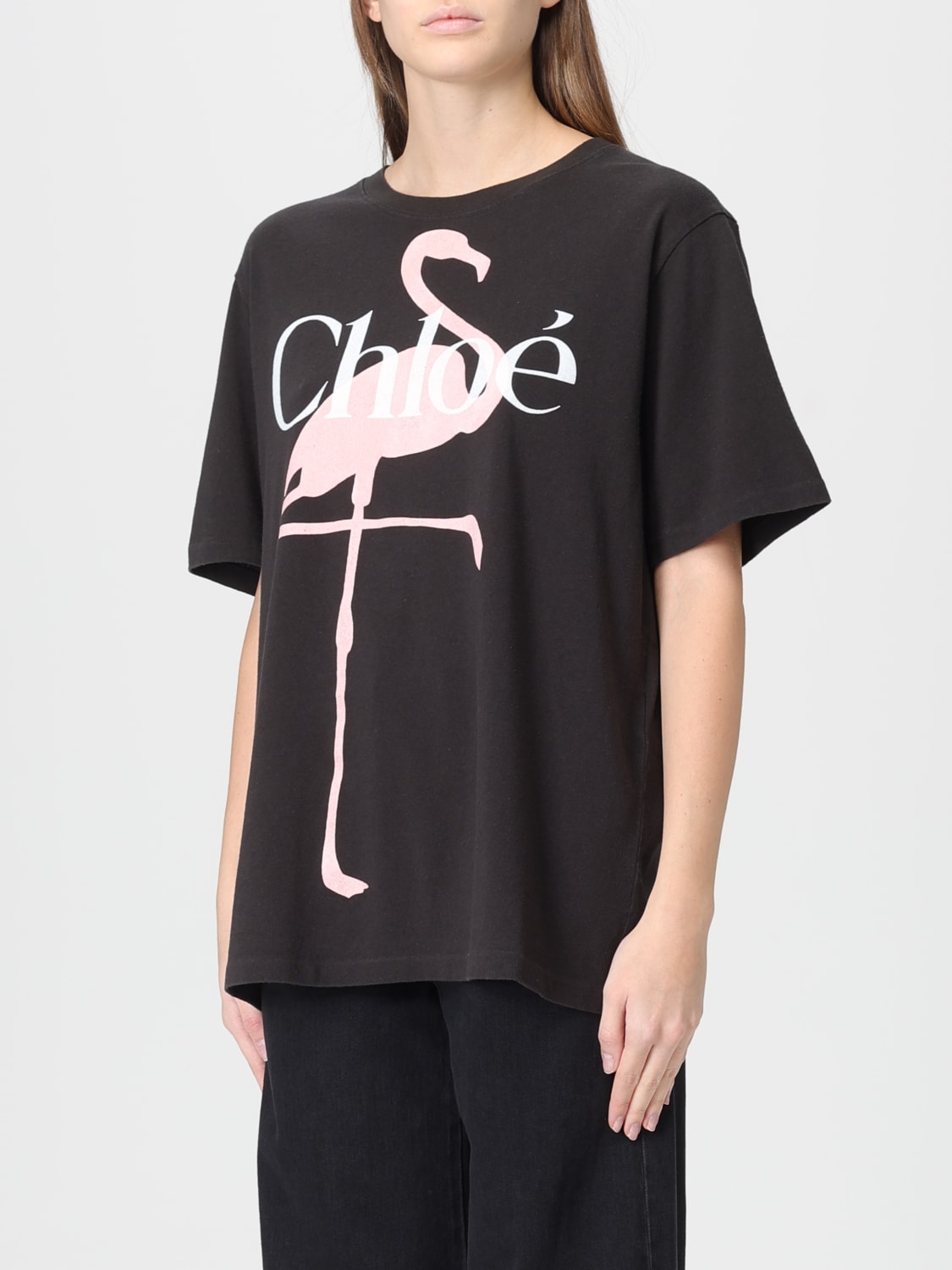 CHLOÉ T-SHIRTS: T-shirts in cotone con stampa Fenicottero Chloé, Nero - Img 4