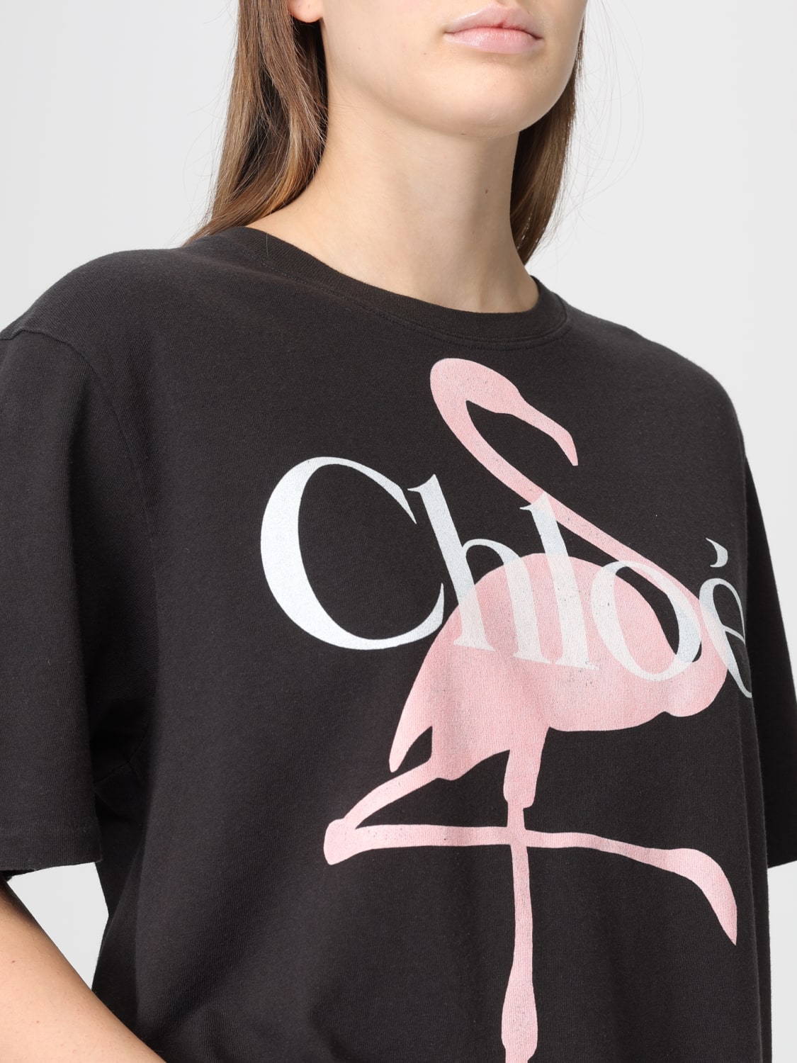 CHLOÉ T-SHIRTS: T-shirts in cotone con stampa Fenicottero Chloé, Nero - Img 5