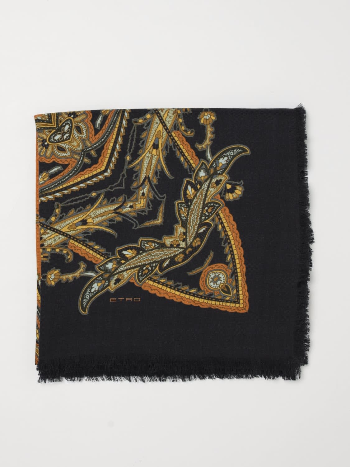 ETRO BUFANDA: Estola Etro de lana y seda con estampado Paisley y bordes deshilachados, Azul Oscuro - Img 1