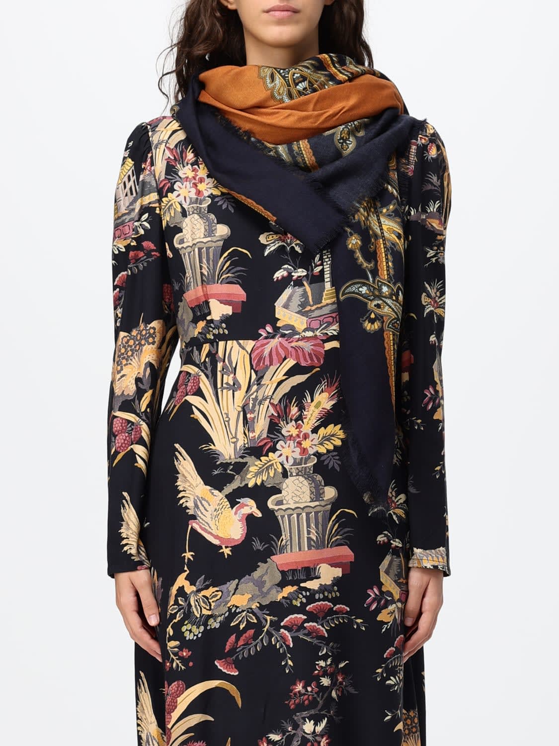 ETRO BUFANDA: Estola Etro de lana y seda con estampado Paisley y bordes deshilachados, Azul Oscuro - Img 2
