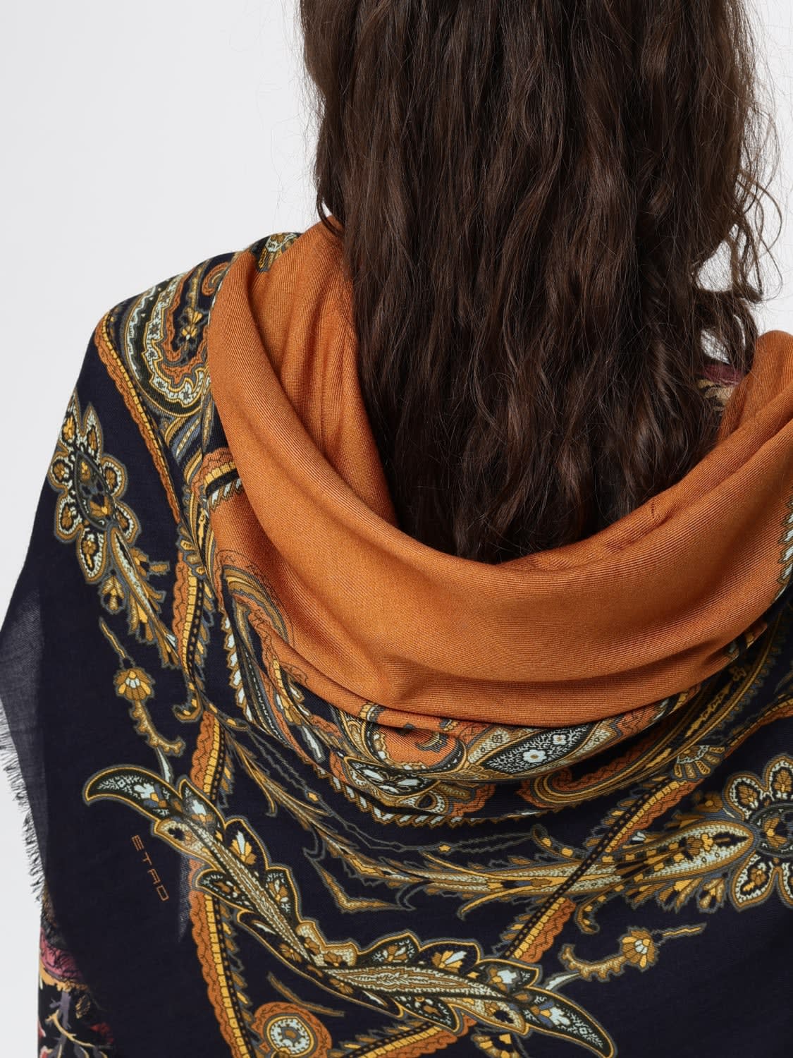 ETRO BUFANDA: Estola Etro de lana y seda con estampado Paisley y bordes deshilachados, Azul Oscuro - Img 4