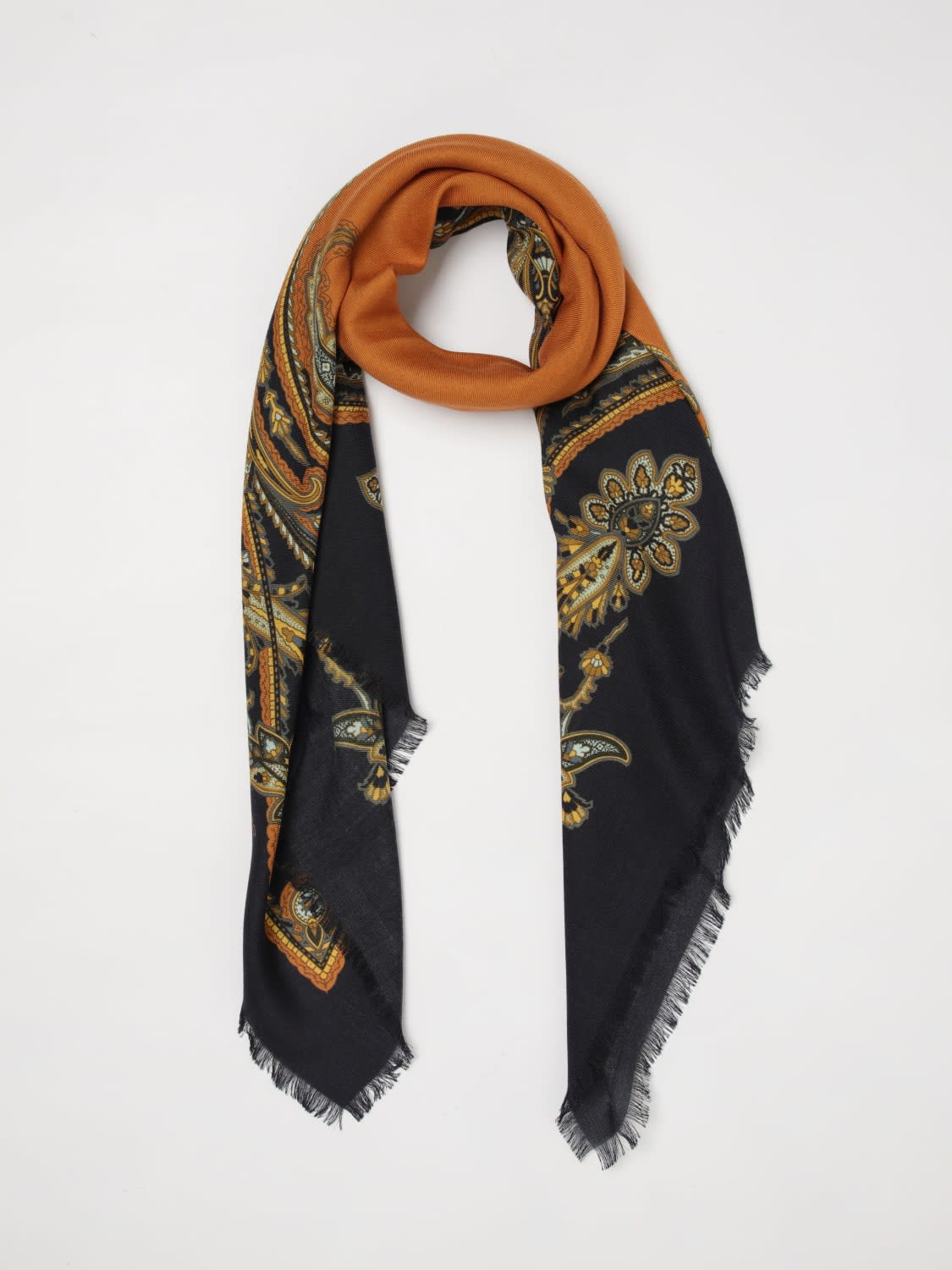 ETRO BUFANDA: Estola Etro de lana y seda con estampado Paisley y bordes deshilachados, Azul Oscuro - Img 5