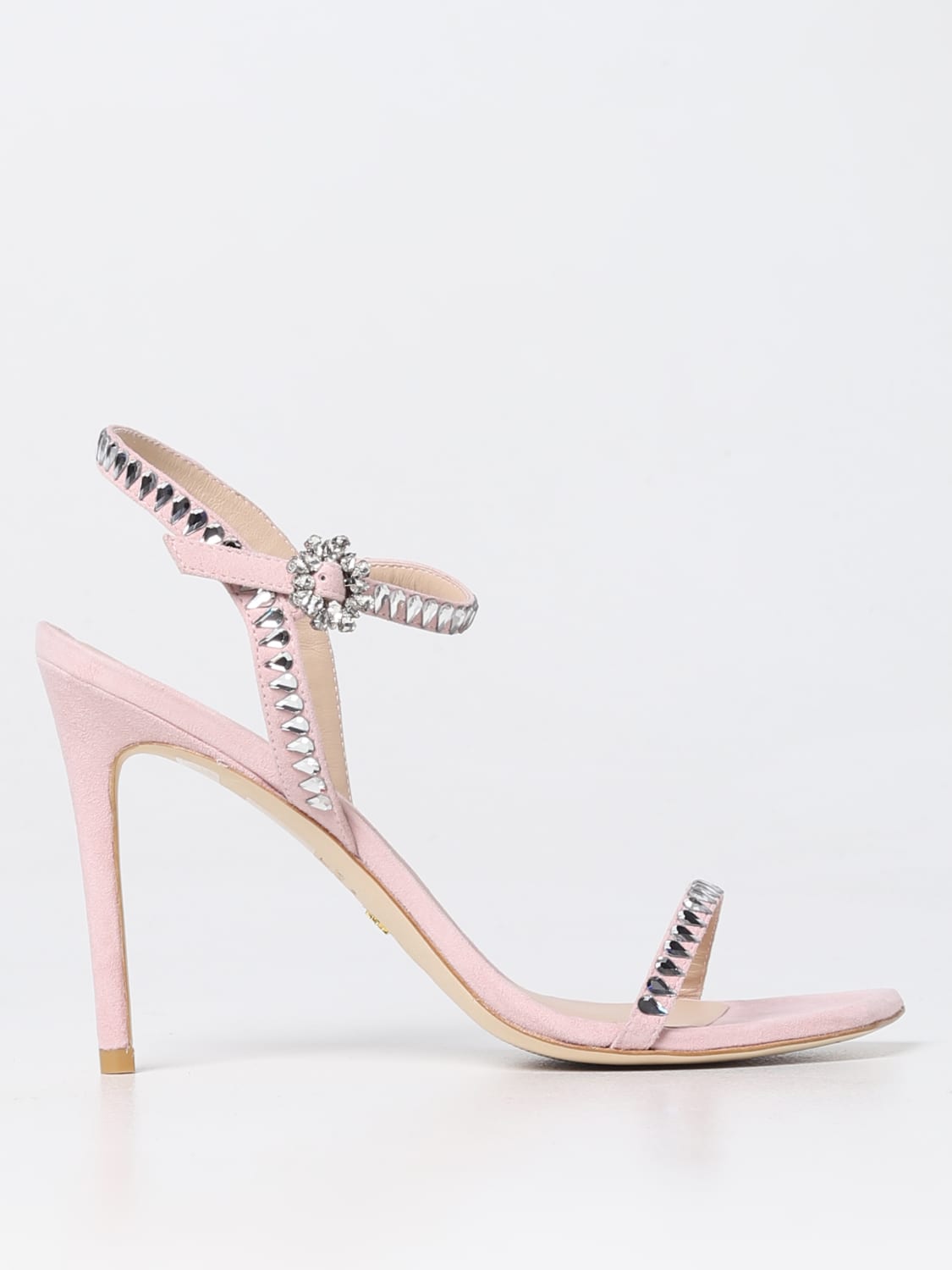 STUART WEITZMAN HEELED SANDAL: Ballet Stuart Weitzman sandal in suede with teardrop rhinestones, Pink - Img 1