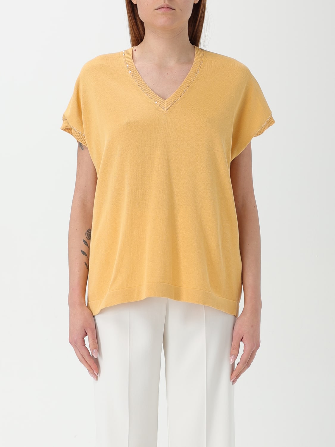 FABIANA FILIPPI T-SHIRT: Fabiana Filippi v-neck t-shirt with diamond thread, Orange - Img 1