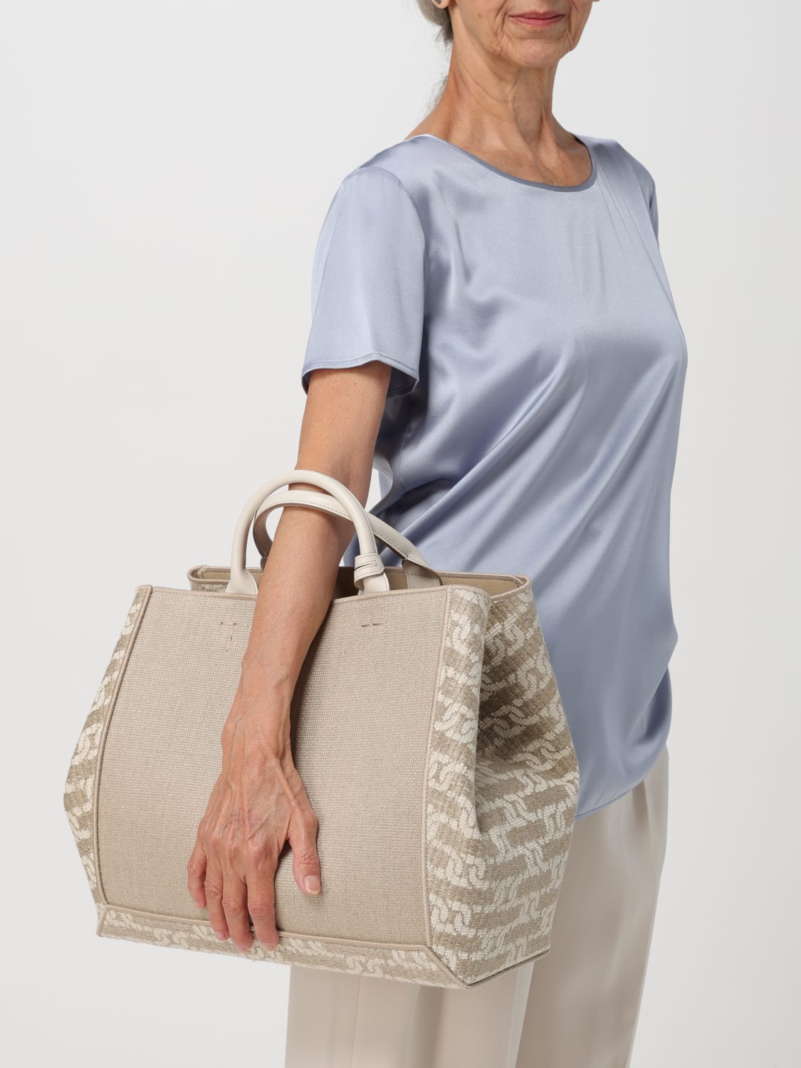 TOD'S BORSA A MANO: Borsa Tod's in canvas e tessuto jacquard, Beige - Img 2