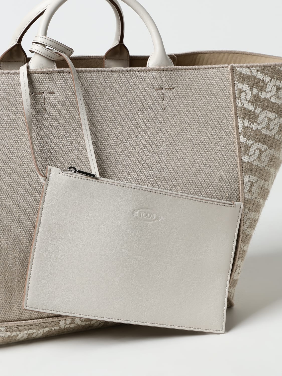 TOD'S BORSA A MANO: Borsa Tod's in canvas e tessuto jacquard, Beige - Img 4