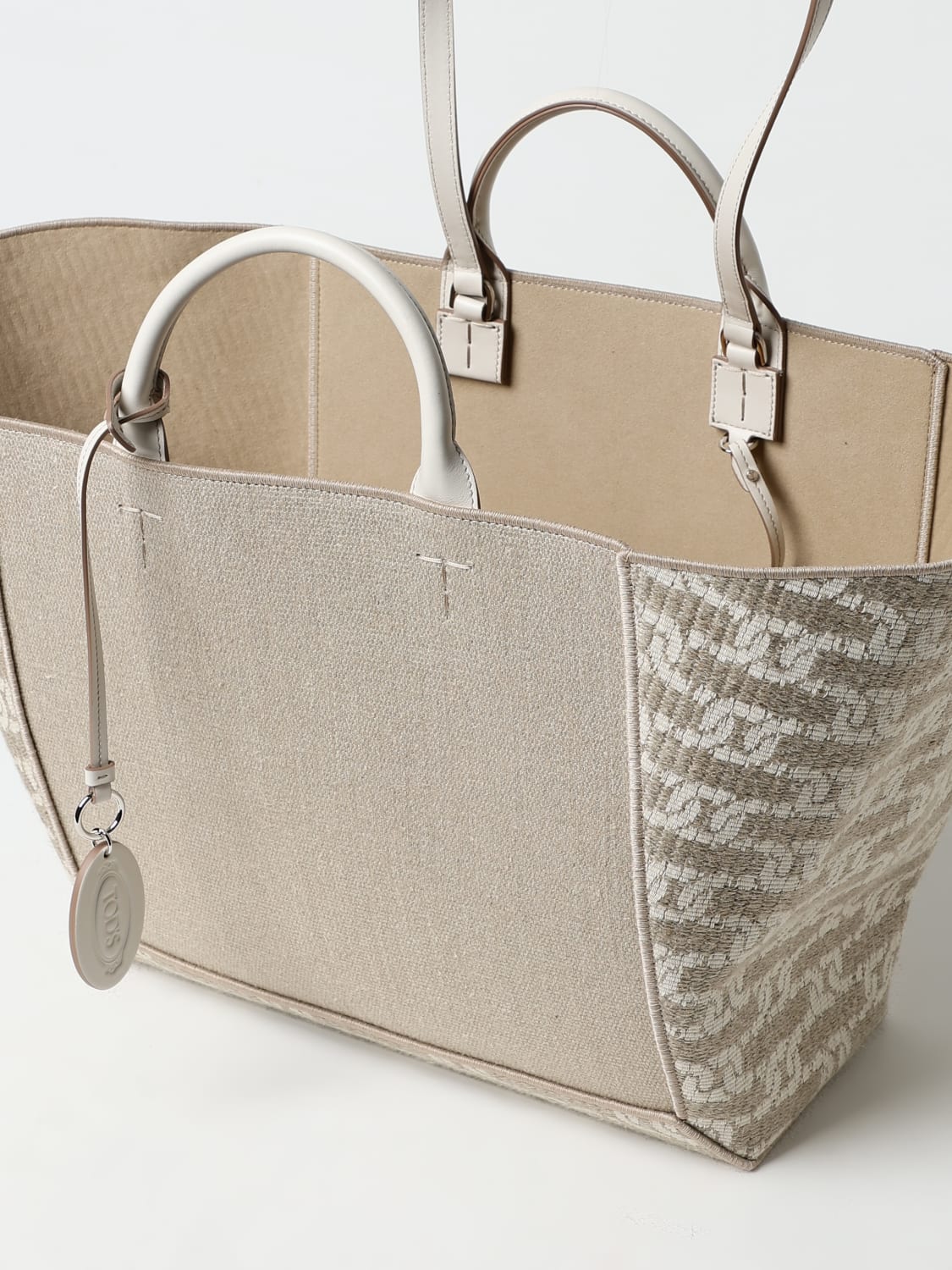 TOD'S BORSA A MANO: Borsa Tod's in canvas e tessuto jacquard, Beige - Img 5