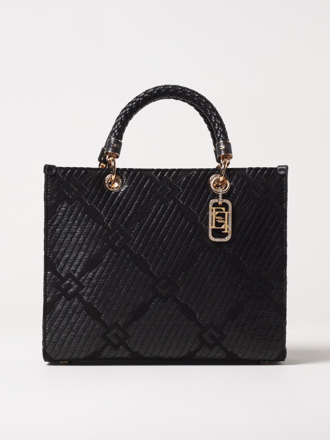 ELISABETTA FRANCHI BORSA TOTE: Borsa tote Elisabetta Franchi in rafia e tessuto con logo jacquard , Nero - Img 1