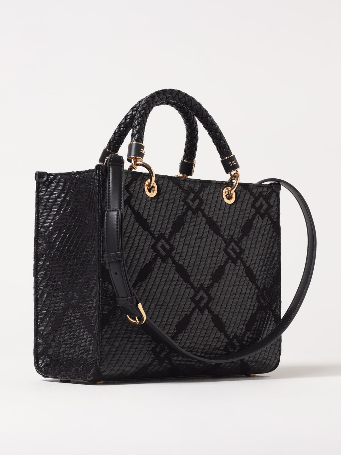 ELISABETTA FRANCHI BORSA TOTE: Borsa tote Elisabetta Franchi in rafia e tessuto con logo jacquard , Nero - Img 2