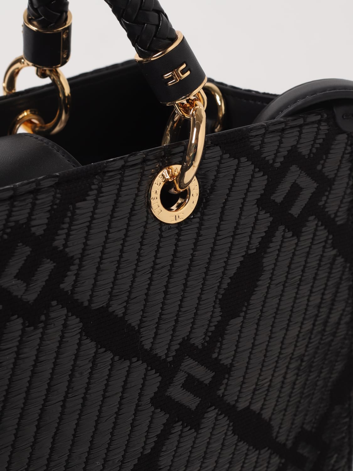 ELISABETTA FRANCHI BORSA TOTE: Borsa tote Elisabetta Franchi in rafia e tessuto con logo jacquard , Nero - Img 3
