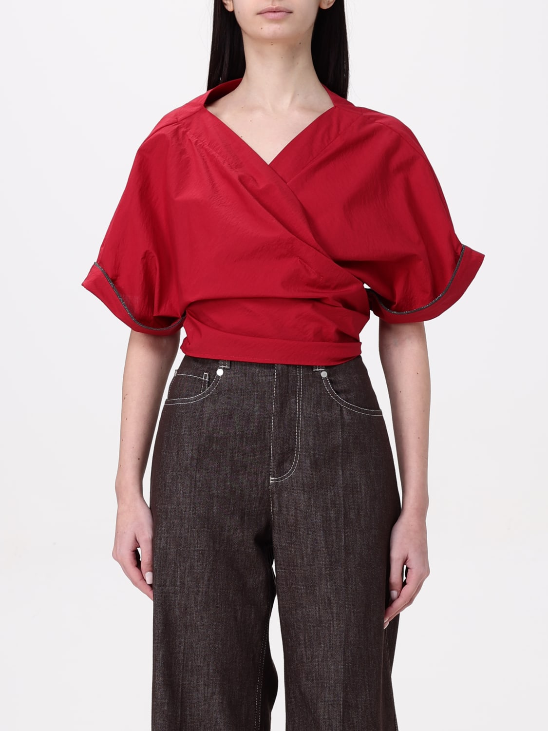 BRUNELLO CUCINELLI TOP: Blusa Brunello Cucinelli in cotone con monile nickel-free, Rosso - Img 1