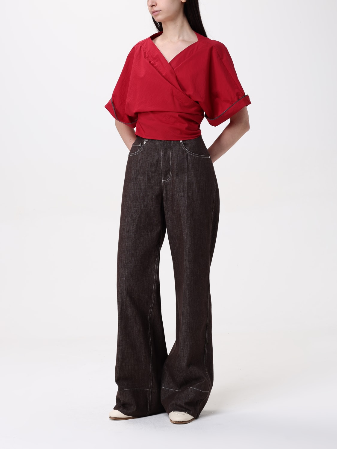 BRUNELLO CUCINELLI TOP: Blusa Brunello Cucinelli in cotone con monile nickel-free, Rosso - Img 2