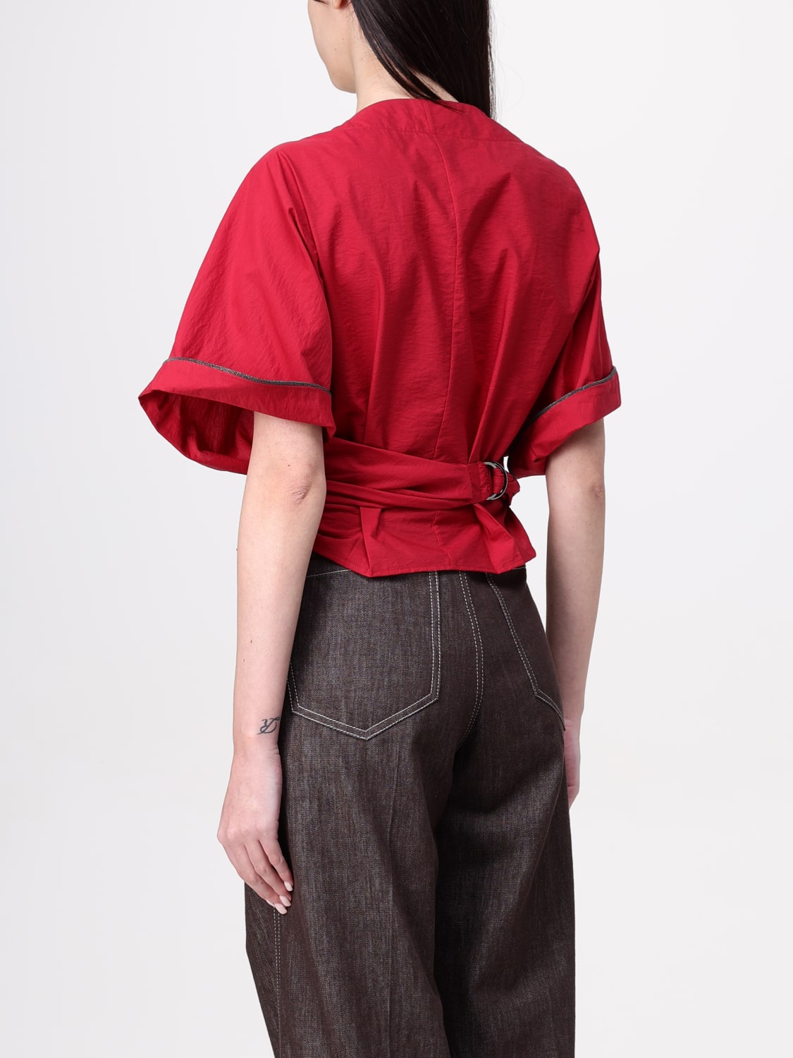 BRUNELLO CUCINELLI TOP: Blusa Brunello Cucinelli in cotone con monile nickel-free, Rosso - Img 3