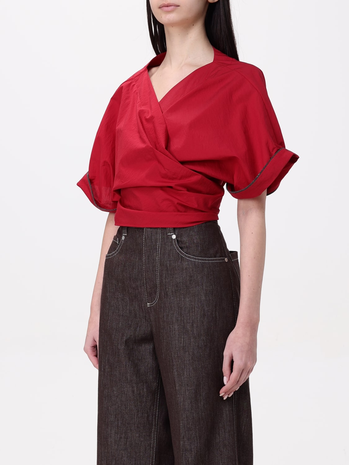 BRUNELLO CUCINELLI TOP: Blusa Brunello Cucinelli in cotone con monile nickel-free, Rosso - Img 4