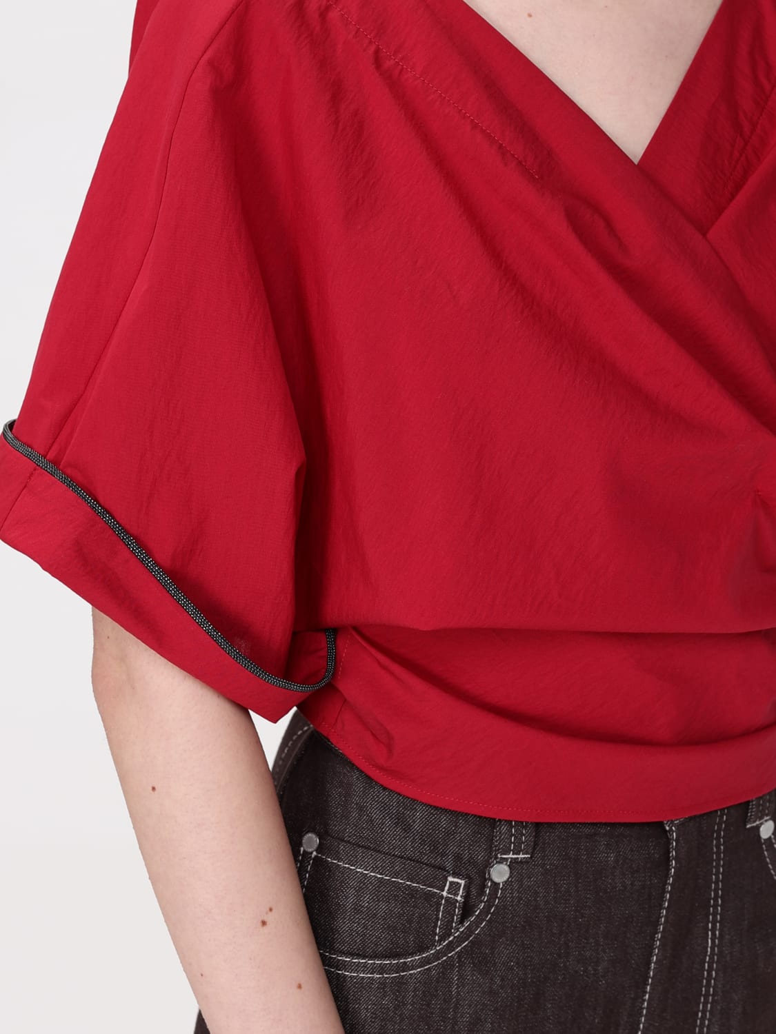 BRUNELLO CUCINELLI TOP: Blusa Brunello Cucinelli in cotone con monile nickel-free, Rosso - Img 5