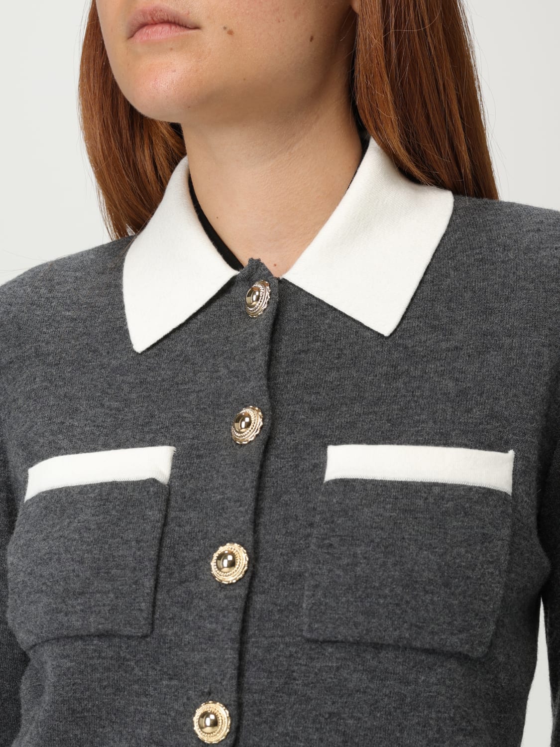 SELF-PORTRAIT MAGLIA: Cardigan a polo in lana e cashmere Self-Portrait, Grigio - Img 5