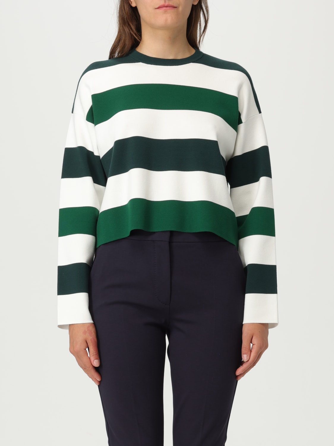 MAX MARA T-SHIRTS: T-shirt crop in misto viscosa a righe Max Mara, Bianco - Img 1