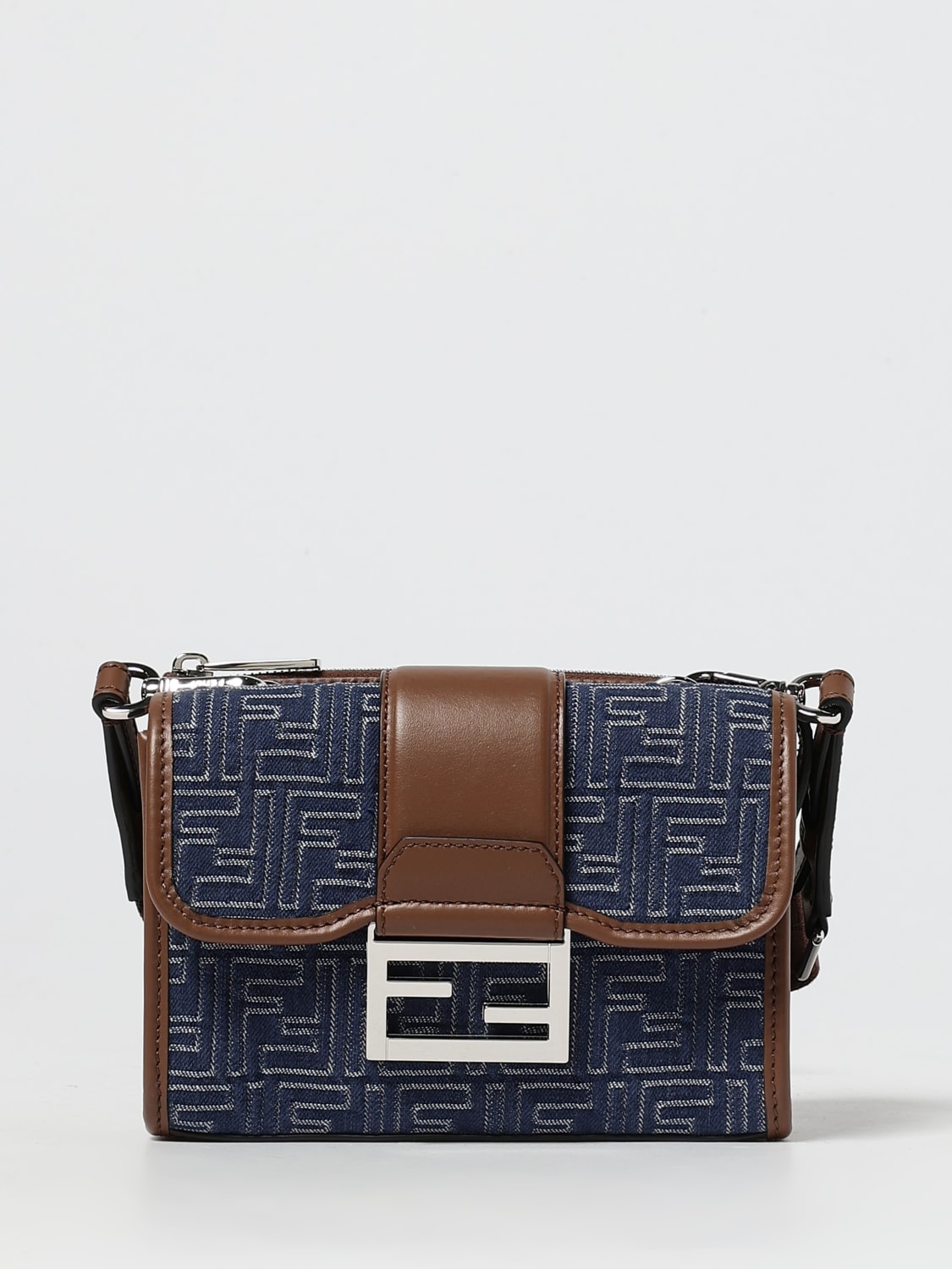FENDI BORSA A TRACOLLA: Borsa Baguette® Double Fendi in denim jacquard e pelle , Blue - Img 1
