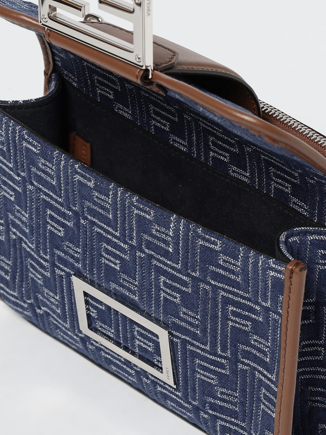 FENDI BORSA A TRACOLLA: Borsa Baguette® Double Fendi in denim jacquard e pelle , Blue - Img 5