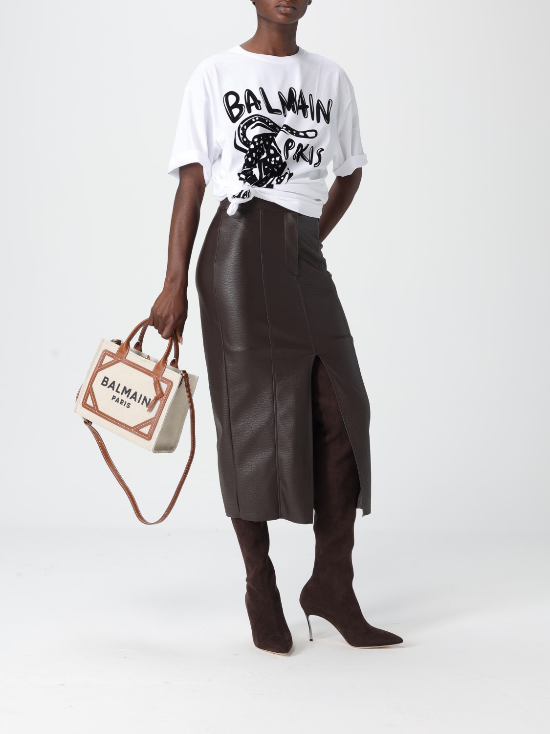 BALMAIN BORSA TOTE: Borsa B-Army 42 Balmain in canvas e pelle , Marrone - Img 2